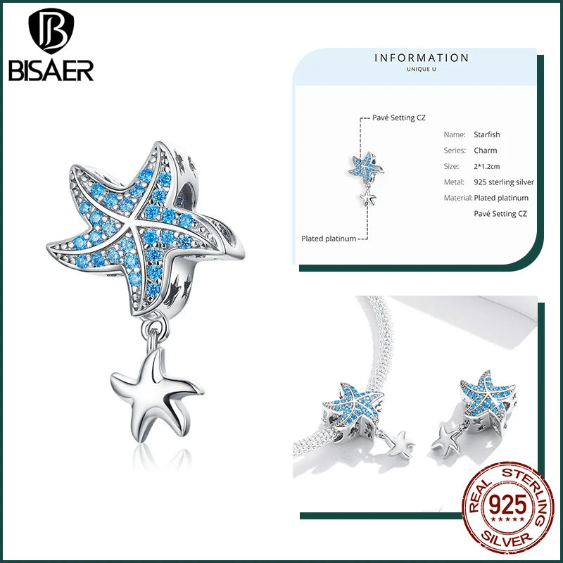 BISAER 925 Sterling Silver Charm Ocean Style Fish Dolphin Mermaid Shell Blue CZ Bead For Necklace&Bracelet DIY Fine Jewelry Gift - AMULET RING STORE