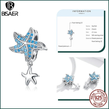 BISAER 925 Sterling Silver Charm Ocean Style Fish Dolphin Mermaid Shell Blue CZ Bead For Necklace&Bracelet DIY Fine Jewelry Gift - AMULET RING STORE
