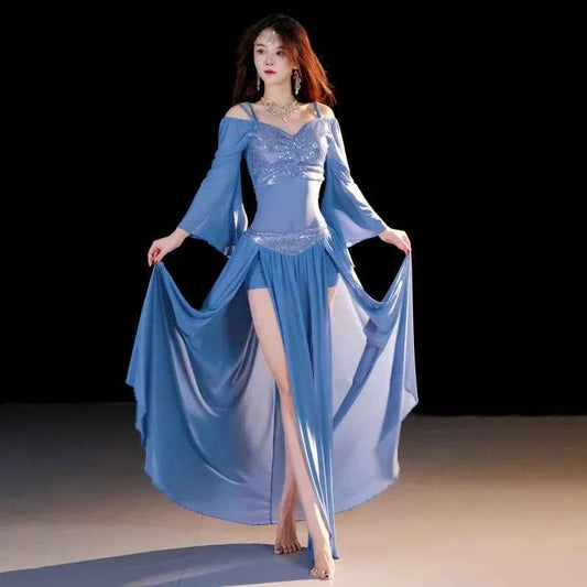 Belly Dancing Wear Outfit for Women Mesh Long Sleeves Top+gauze Long Skirt 2pcs Training Set Oriental Belly Dance Costume Set