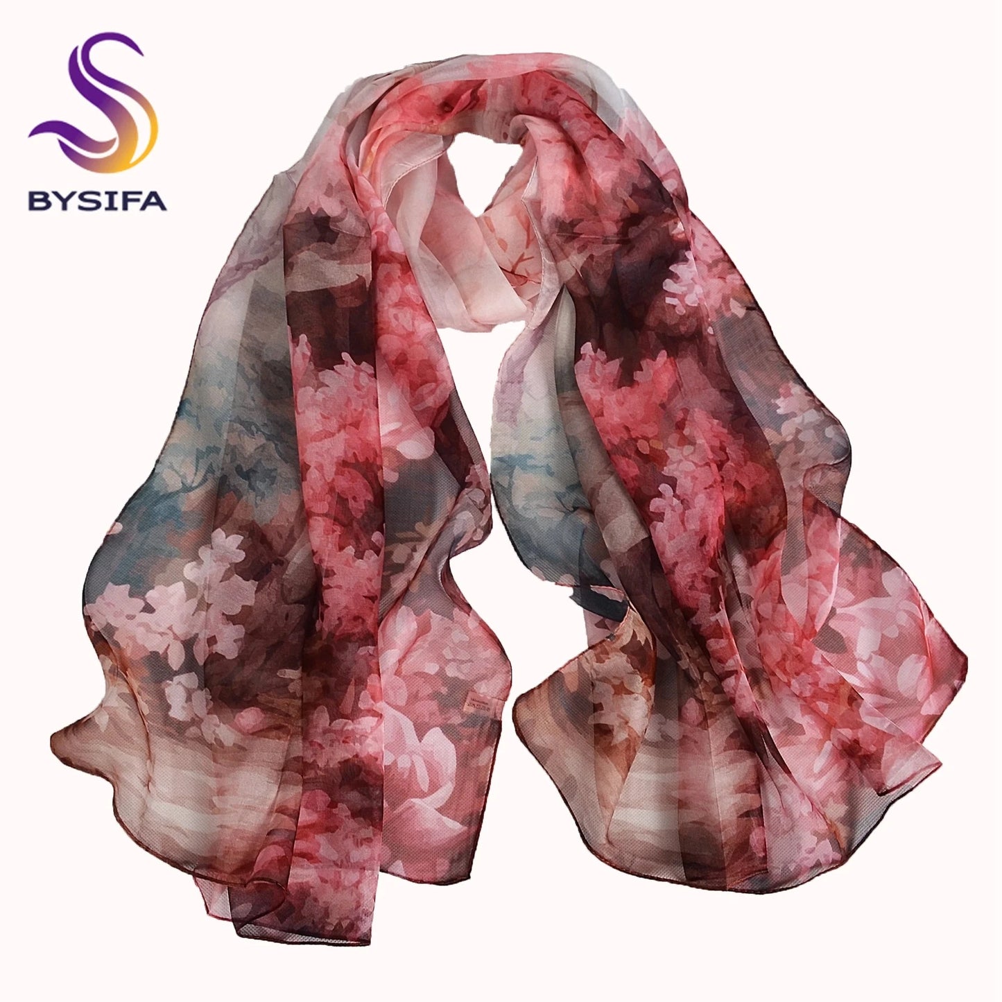 [BYSIFA] Women Chiffon Pure Silk Scarf Cherry Blossom Floral Design Long 100% Silk Shawl Scarf Purple Pink Silk Scarves Echarpes