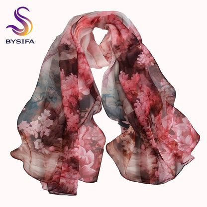 [BYSIFA] Women Chiffon Pure Silk Scarf Cherry Blossom Floral Design Long 100% Silk Shawl Scarf Purple Pink Silk Scarves Echarpes