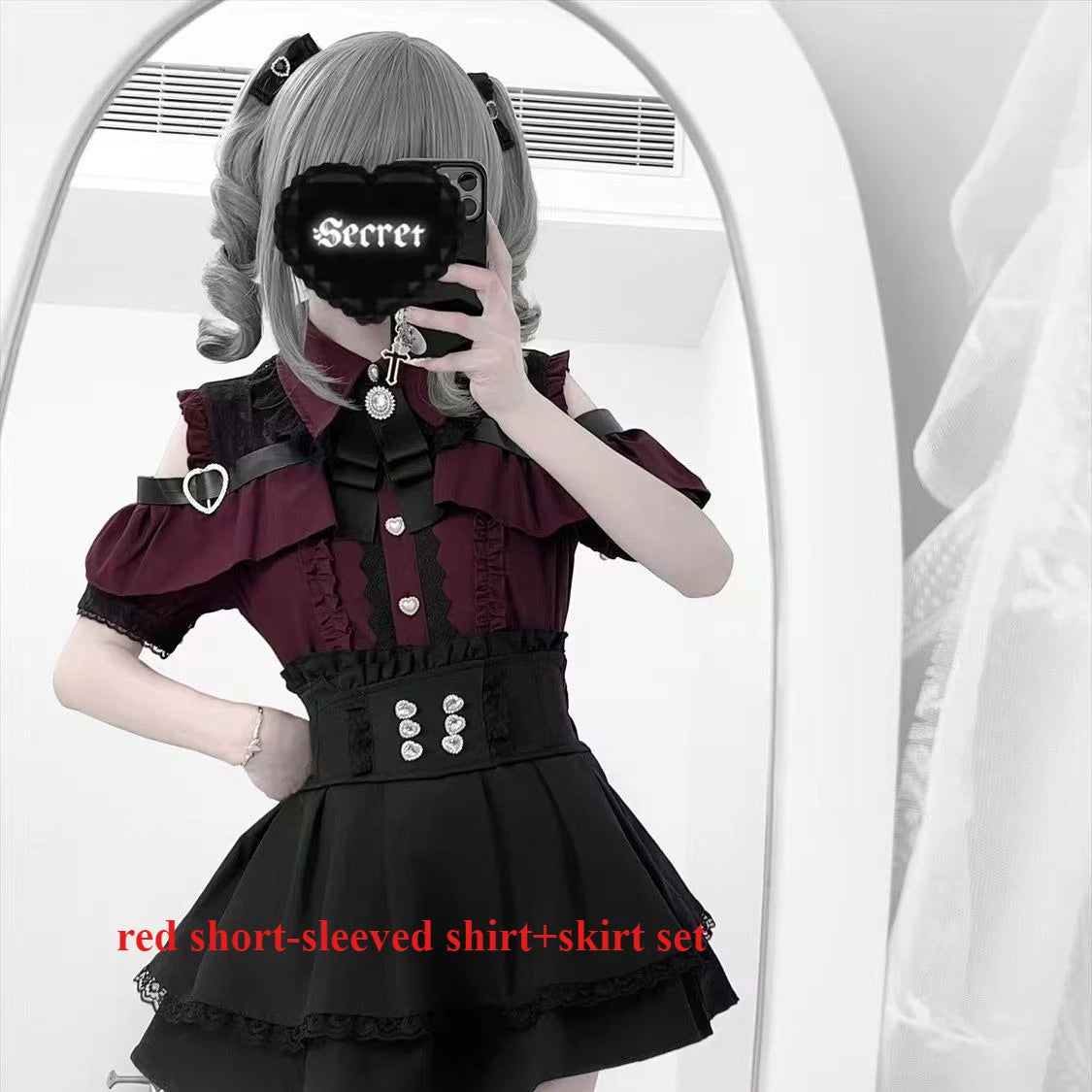 Sweet Gothic Lolita Two Piece Set, Off Shoulder Blouse + High Waist Skirt, Kawaii Tri-color Lace Coord Outfit for Women & Teens