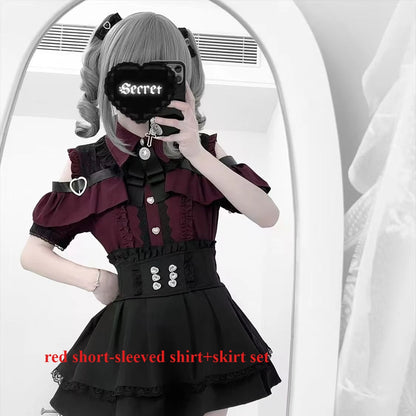 Sweet Gothic Lolita Two Piece Set, Off Shoulder Blouse + High Waist Skirt, Kawaii Tri-color Lace Coord Outfit for Women & Teens