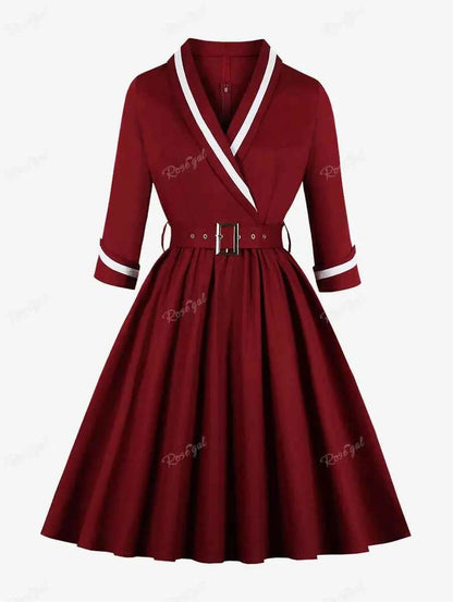 ROSEGAL Plus Size Surplice Zipper Back Vintage Dress With Belt Women Spring Autumn Three Quarter Sleeve V-Neck Sashes Dresses 4X