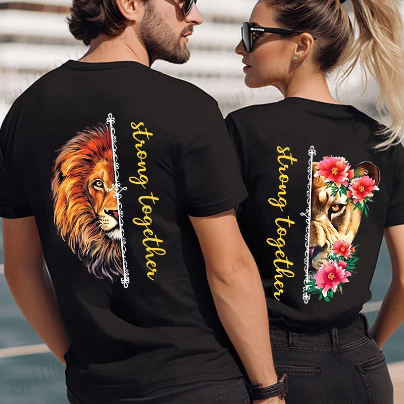 Fashion Valentine's Day Tees Shirt Lion Animal Back Print Graphic Y2k Tops Lover Couples Matching T-shirt Men & Women Clothing - AMULET RING STORE