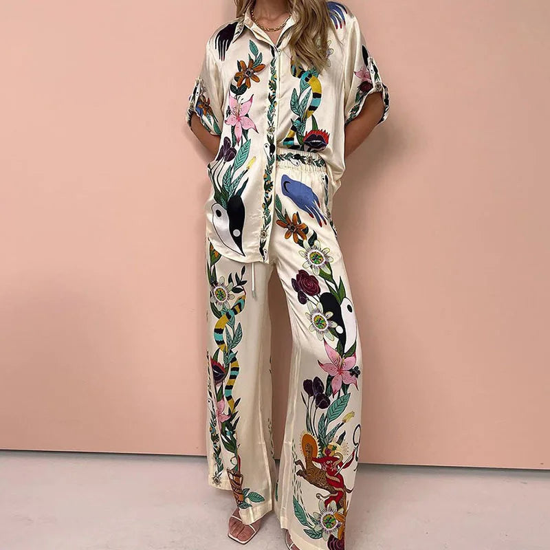 2025 Women's Graffiti Casual Shirt Women's Personalized Collar Long Sleeve Fashion Printed Set Women's Two Piece Set