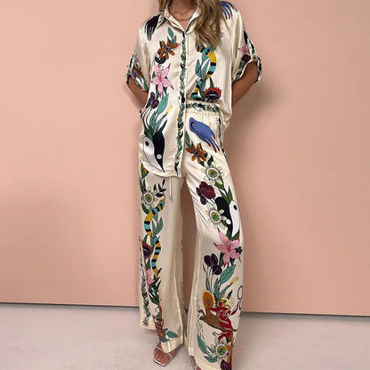 2025 Women's Graffiti Casual Shirt Women's Personalized Collar Long Sleeve Fashion Printed Set Women's Two Piece Set