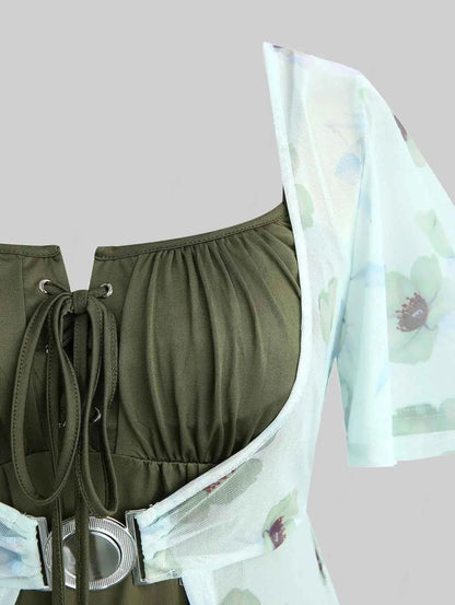 ROSEGAL Plus Size Flutter Sleeves Floral Dress and Lace-up A Line Cami Dress Set