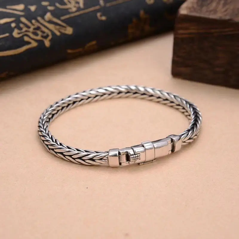 100% S925 Sterling Silver Handmade Woven Retro Domineering Style Personality Keel Man Woman Pure S925 Silver Bracelet Jewelry - AMULET RING STORE