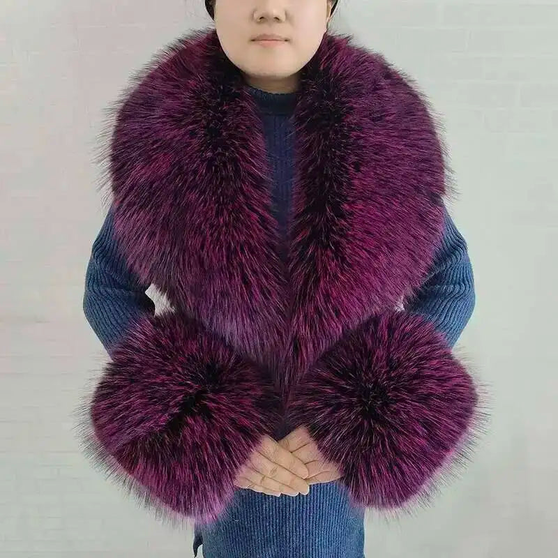 Large Winter Faux Fox Fur Scarf Women Jackets Warm Fluffy Shawl Fashion Artificial Fur Collar And Cuff Set Fluffy Scarves Female
