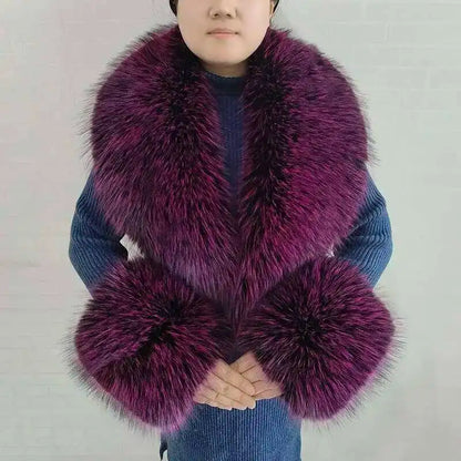 Large Winter Faux Fox Fur Scarf Women Jackets Warm Fluffy Shawl Fashion Artificial Fur Collar And Cuff Set Fluffy Scarves Female