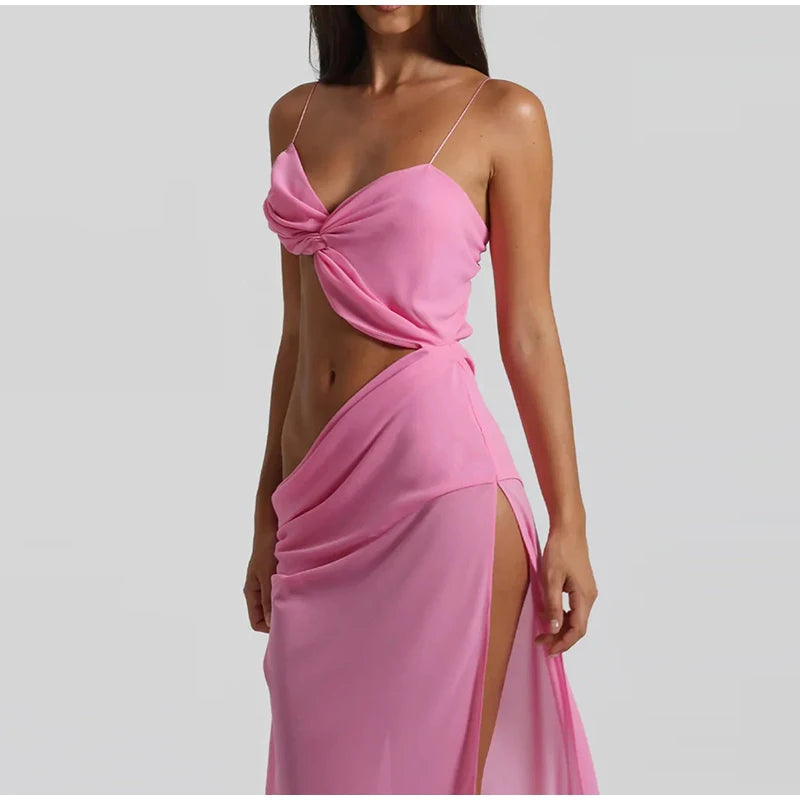 Vacation Hollow Out Mesh Long Sling Dress For Women Y2k Irregular Sleeveless Side Split Beach Suspender Dress Lady Evening Robe - AMULET RING STORE