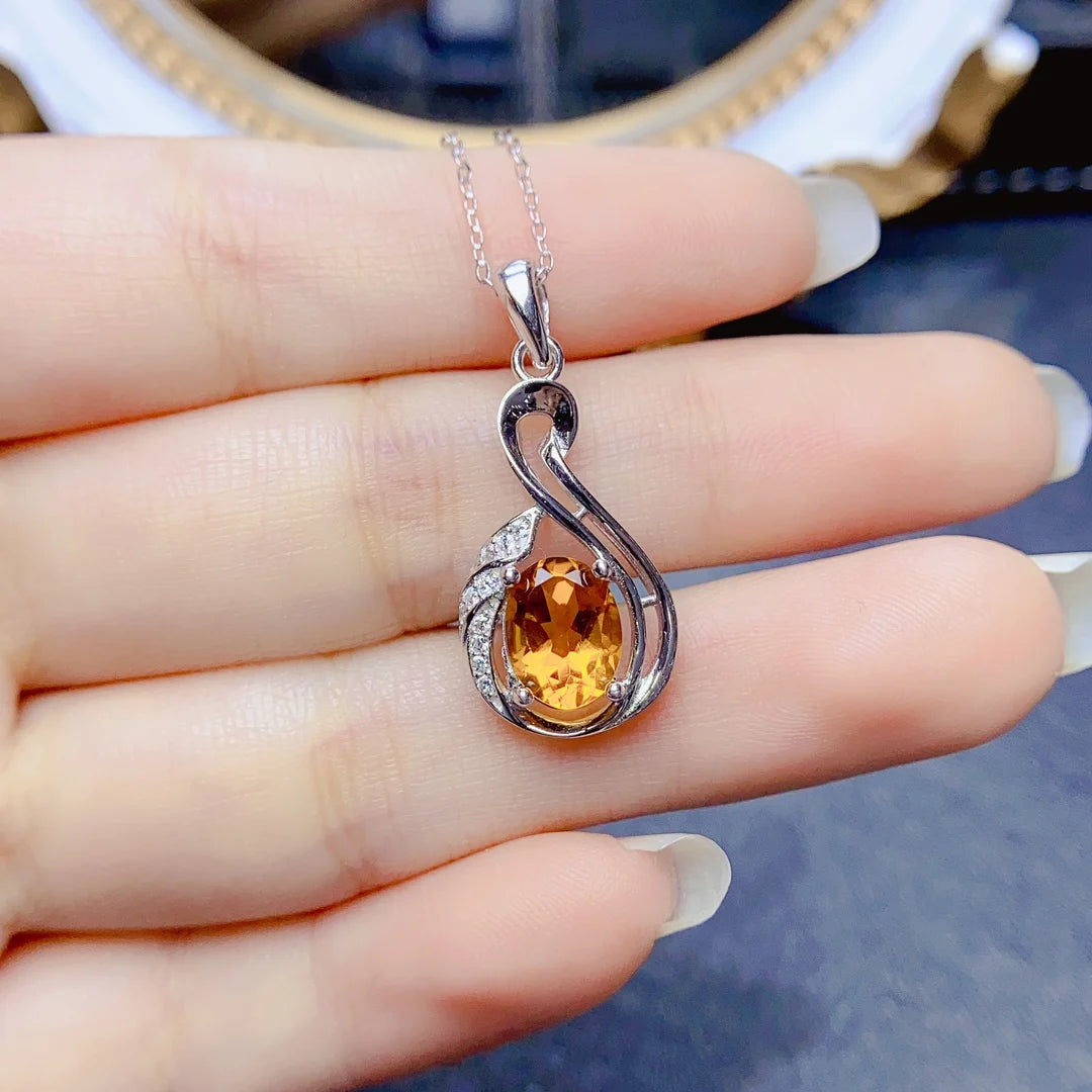 FS S925 Sterling Silver 7*9mm Natural Citrine Pendant Necklace With Certificate Fine Charm Weddings Jewelry for Women MeiBaPJ