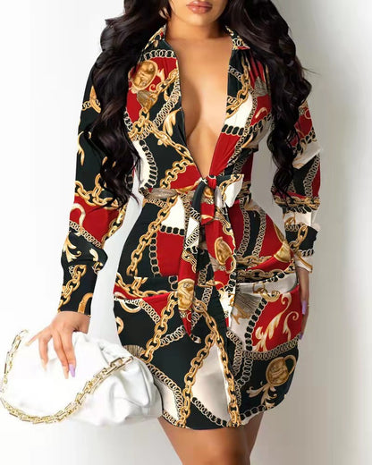 2023 New Women's Professional Style Office Wrap Hip Elegant Dress Lapel Waist Tie Long Sleeve Mid Length Pullover Shirt Dress - AMULET RING STORE