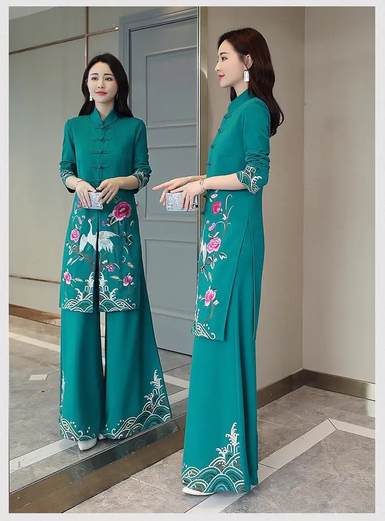 Chinese Styles Vintage Women Hanfu Midi Qipao Two Pieces China Traditional Clothing Pants Set Tang Suit Robe Orientale Clothes