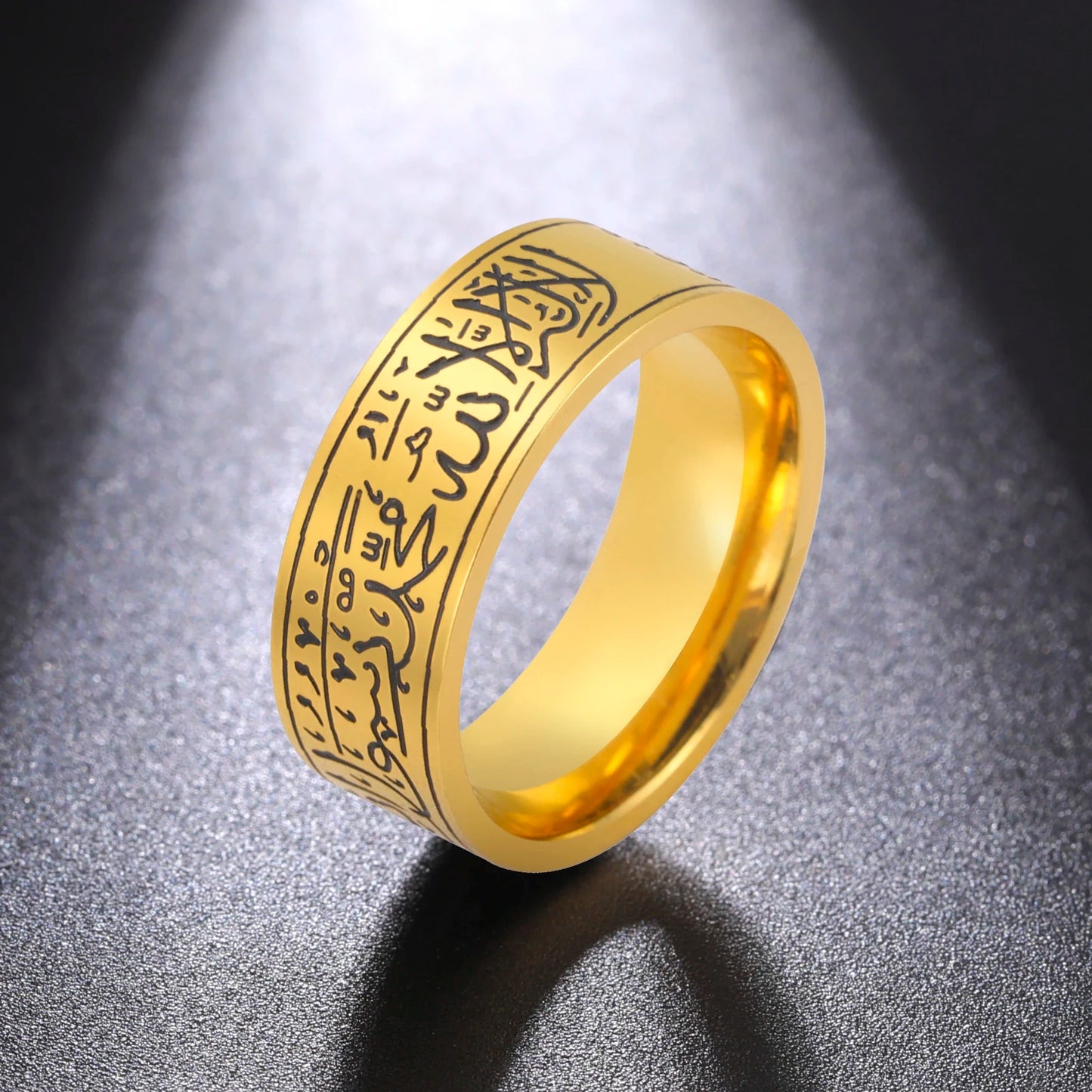 Jeshayuan Quran Rings Muslim Islamic Halal Ring Arabic God Stainless Steel 8mm Wide Religious Allah Ring For Men