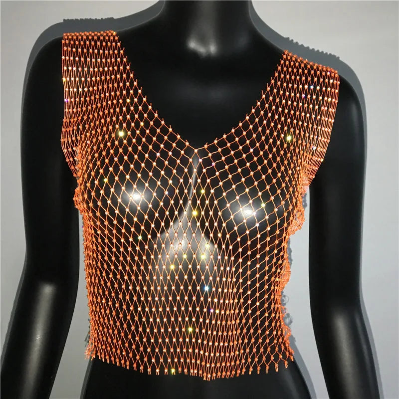 Women's Fishnet Rhinestone Crop Top 2024 Summer Sexy Mesh High Elastic Black White Shirt Net See Through Rave Diamond Tank Top - AMULET RING STORE