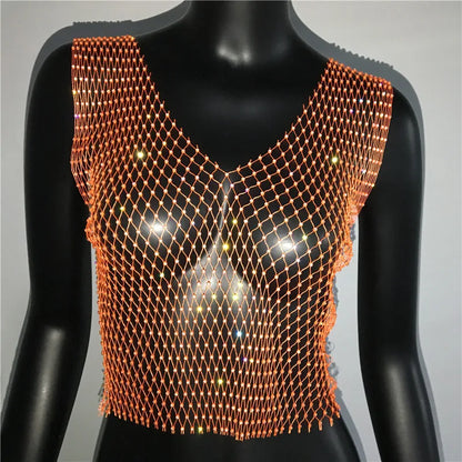 Women's Fishnet Rhinestone Crop Top 2024 Summer Sexy Mesh High Elastic Black White Shirt Net See Through Rave Diamond Tank Top - AMULET RING STORE