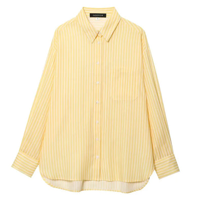 HXAO Women's Striped Shirt Long Sleeve Yellow Shirt Spring Summer Long Button Up Shirts And Blouses Casual Loose Fit Shirt