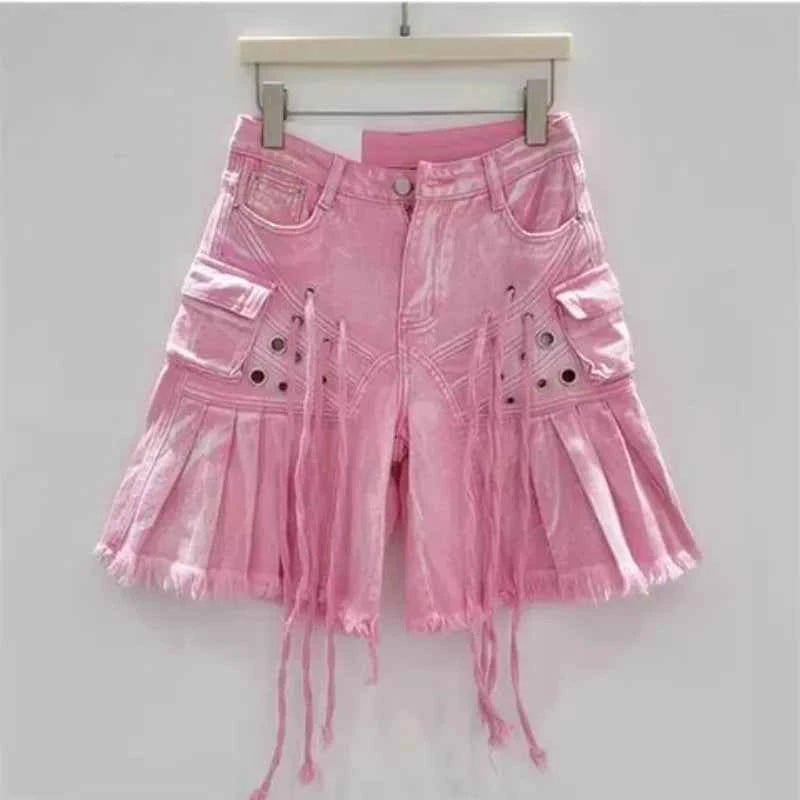 Streetwear American Vintage Heavy Industry Washed Holes and Burrs Denim Shorts Y2 Gothic Old Multi-pocket Casual Joker Pants