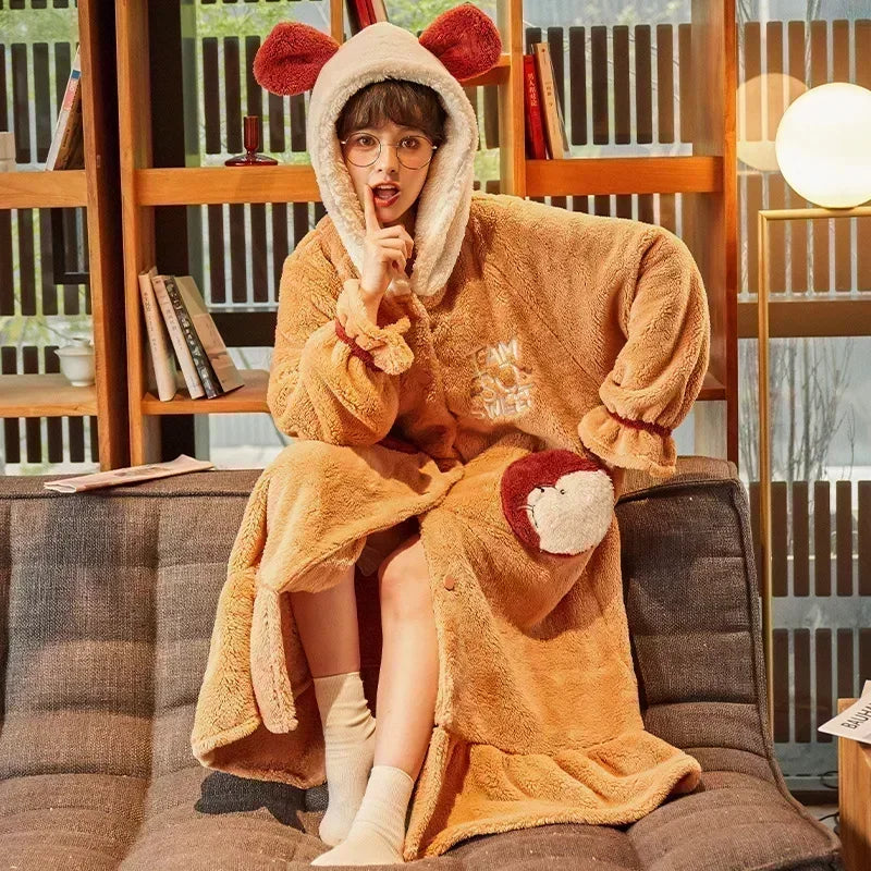 2024 Winter Pajamas For Women Cartoon Hooded Long Robe Strawberry Jacket Cute Home Wear Sleepwear Kawaii Flannel Warm Bathrobe - AMULET RING STORE