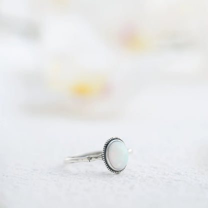 Vintage S925 Silver Ring Natural Opal Antiqued Bamboo Stackable Open Bands Adjustable Handmade Boho Jewelry Birthstone Gift - AMULET RING STORE