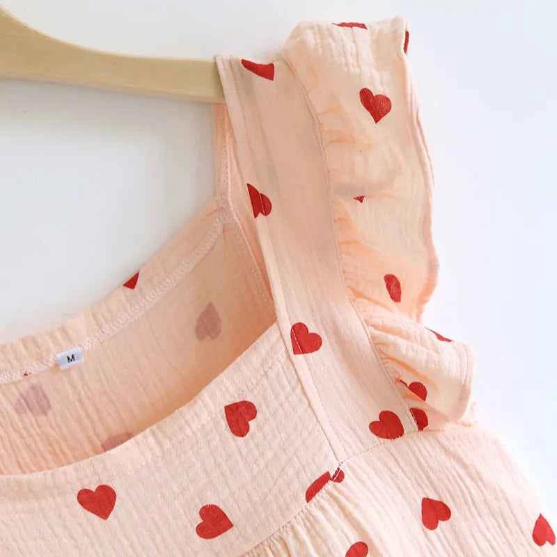 2025 Summer Women's New Sleeping Skirt 100% Cotton Crepe Wood Ear Edge Tank Top Skirt Love Belt Chest Cushion Home Dress Ladies