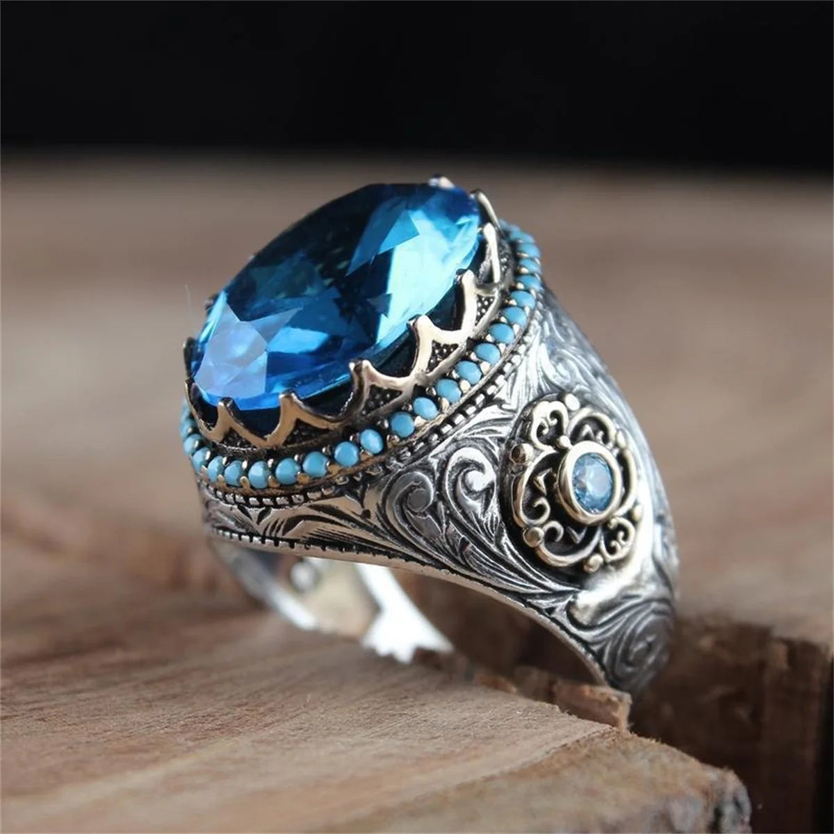 Retro Handmade Turkish Signet Ring For Men Women Ancient Silver Color Carved Eagle Ring Green Zircon Inlay Punk Motor Biker Ring
