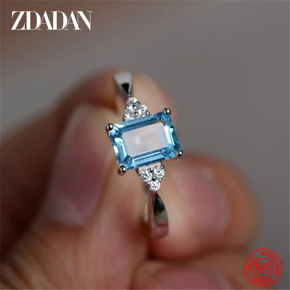 ZDADAN 925 Sterling Silver Square Aquamarine Ring For Women Fashion Wedding Jewelry