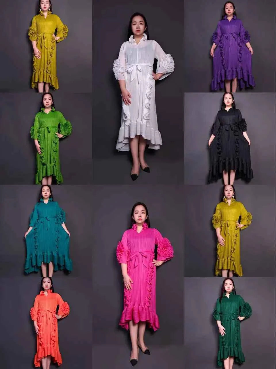 Miyaki Dress, Plus-Size, Ruched, with Fishbone Detailing, Ruffled Belt, Slim-Fit Midi Dress, Elegant and Casual A-Line Pleated Dress with High Elasticity