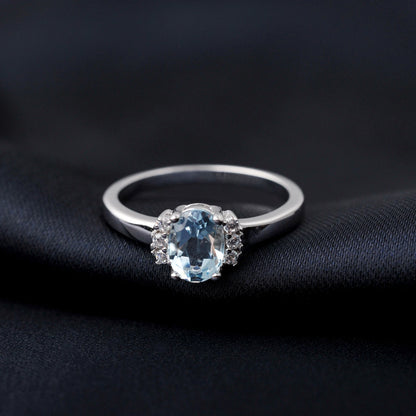 Potiy Natural Oval Shape Sky Blue Topaz Garnet Ring 925 Sterling Silver for Women Daily Wedding Party Jewelry