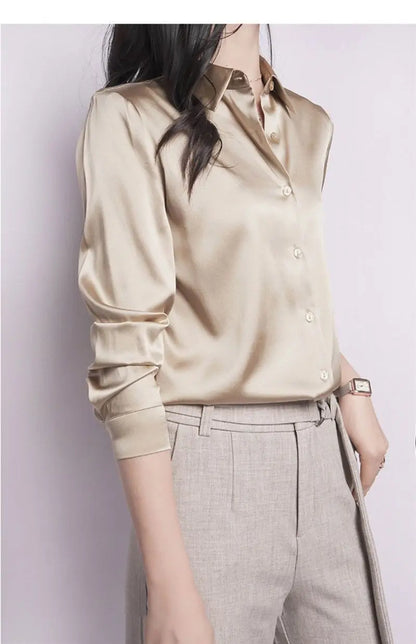 Spring Summer Casual Women's Satin Shirt Lapel Long Sleeve Blouse Loose Solid Color Office Lady Fashion Shirts Top