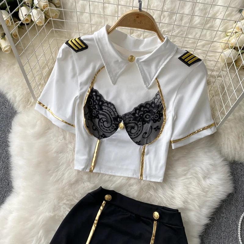Women Sexy Hollow Skirts Suits Lace Patchwork Turn-down Collar Tops Mini Skirt Underpants 3 Pieces Erotic Pajamas Sets Cosplay - AMULET RING STORE