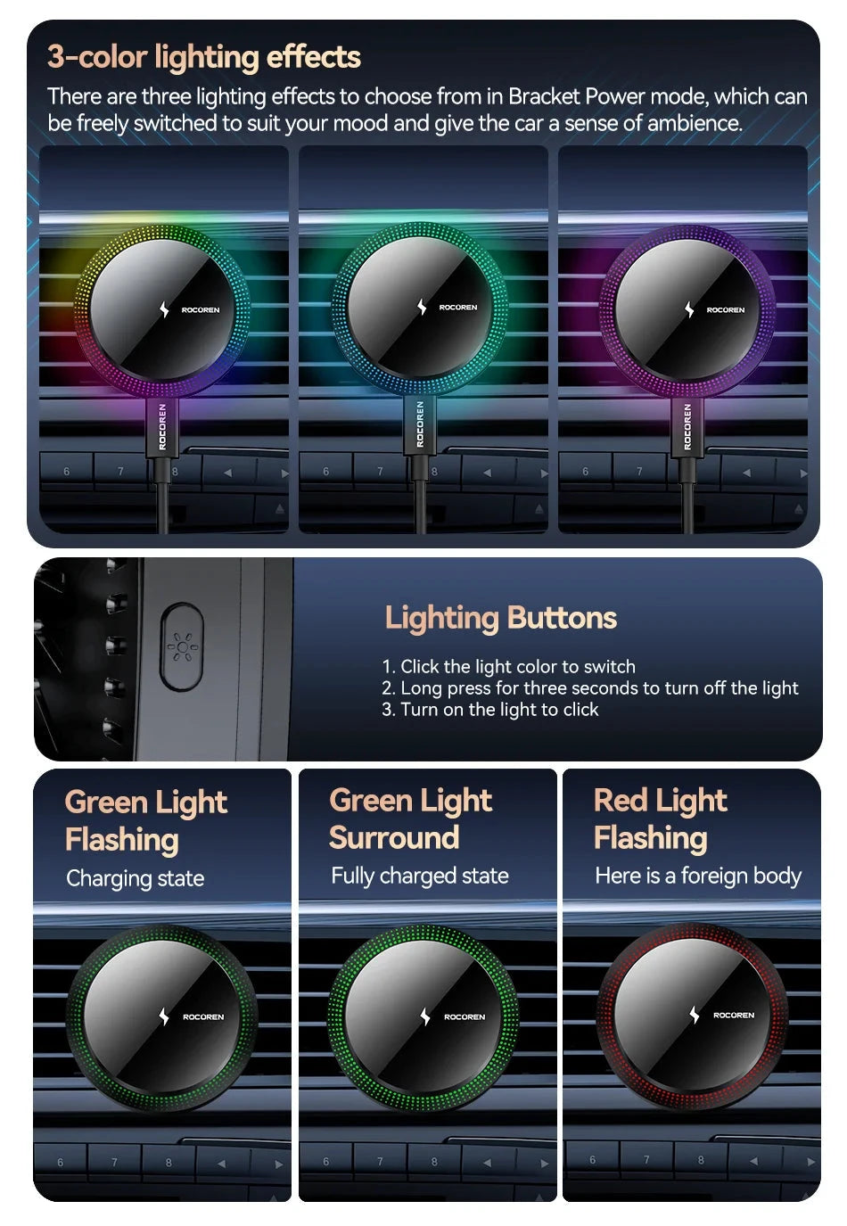 Rocoren Magnetic Car Phone Holder Fast Charging Wireless Charger With RGB light Magnet Car Stander For iPhone 15 14 13 Pro Max