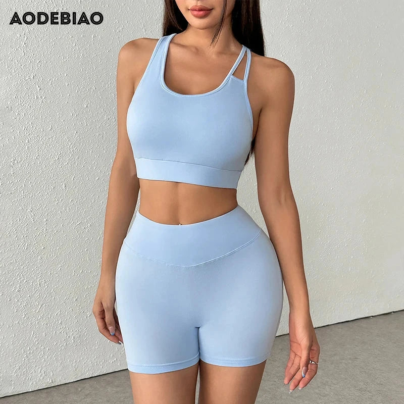 AODEBIAO Sports Fitness Women 2 Piece Set Summer O-Neck Sleeveless Camis And Shorts Slim Yoga Crop Top Pants Two Piece Set Lady