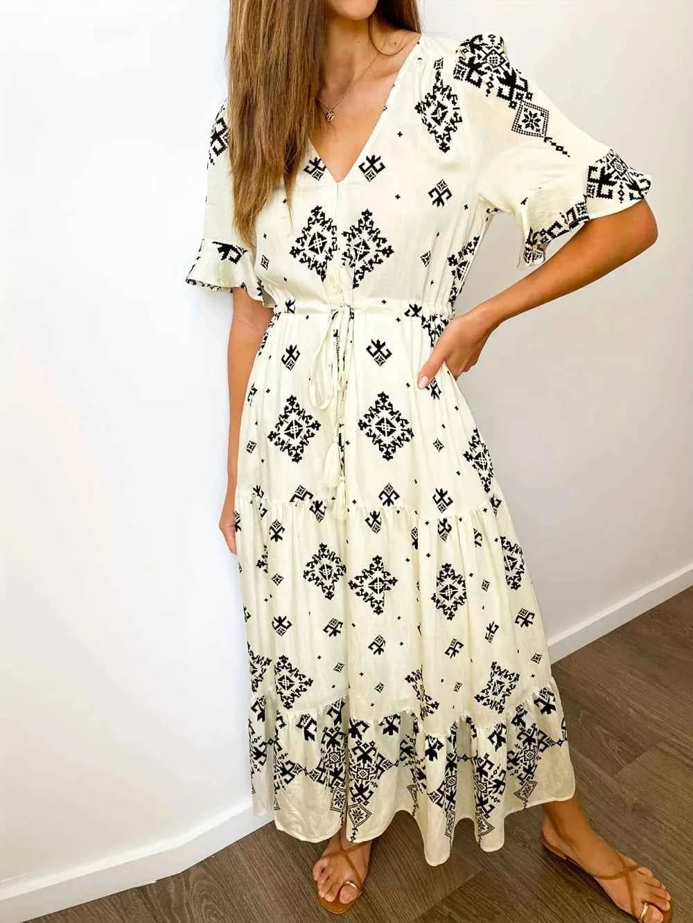 Plus Size Womens Summer Loose Boho Flowy Wrap V Neck 3/4 Sleeve Floral Print Slit Beach Wedding Guest Long Maxi Dresses Vistidos