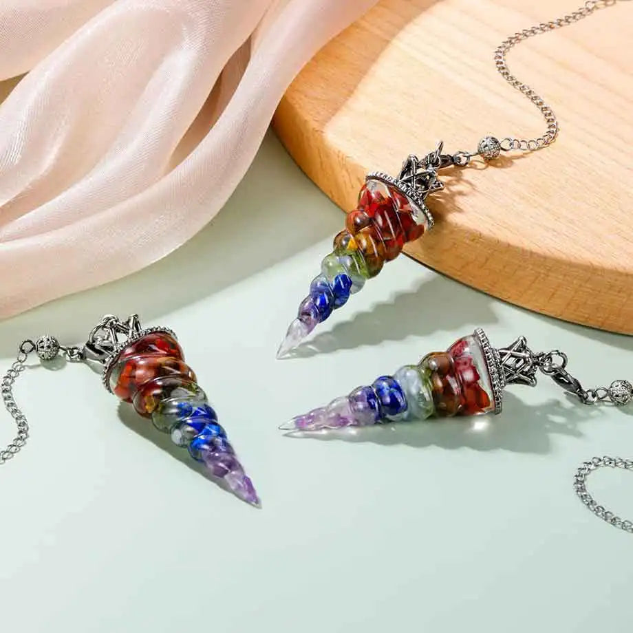 Orgonite  Resin 7 Chakra Crystal Pendulum Natural Chip Black Obsidian Pendant for  Divination Healing Pointed Pendulos X224 ﻿