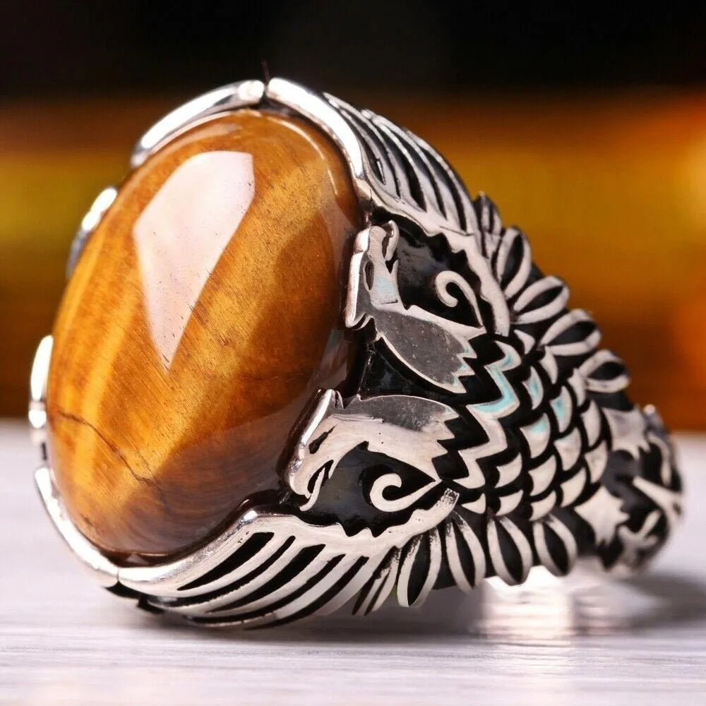 Brown Retro Tiger Stone Men's Ring Personality Ring Fashion Temperament To Attend The Banquet Luxury