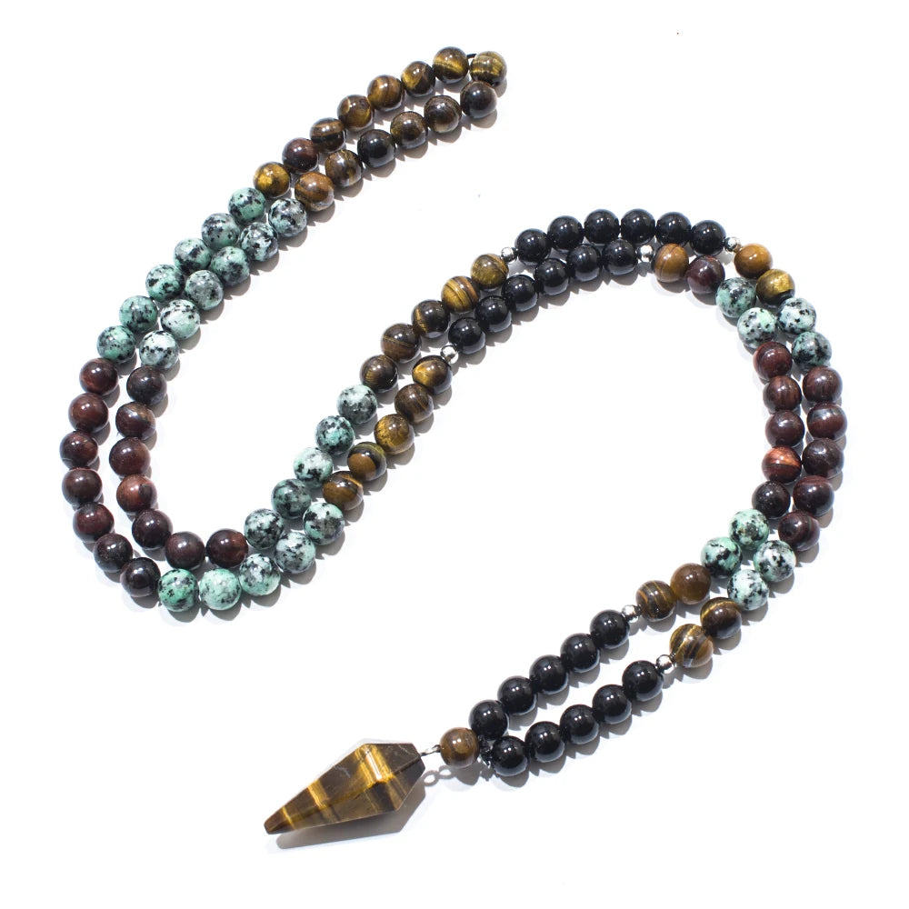 8mm Black Onyx African Turquoise Beads 108 Mala Necklace Meditation Yoga Prayer Japamala Set with Tiger Eye Pendant Jewelry