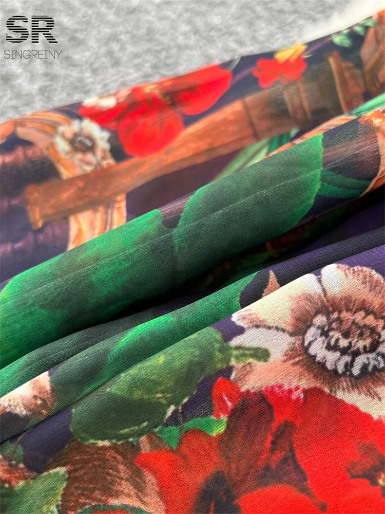 SINGREINY Vintage Print Chiffon Dresses Women Lantern Sleeve O Neck Design Fashion High Quality Court Floral Pleated Long Dress