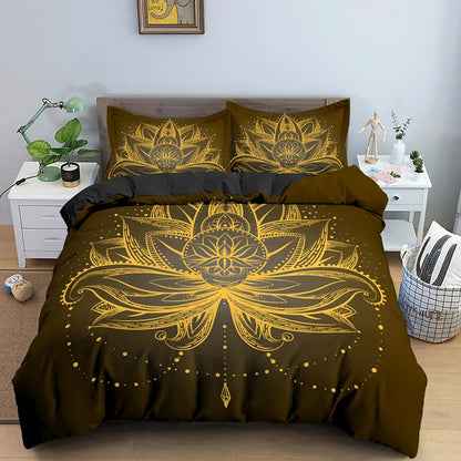 2/3pcs Bed Set Bohemian Lotus Duvet Cover Set Mandala Flower Quilt Cover Adult Black Polyester Bedding Set Queen King Twin Teens - AMULET RING STORE
