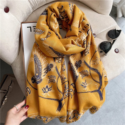 Winter Scarf Women Soft Cashmere Warm Pashmina Ethnic Blue Bird Print Scarves Wraps Thick Shawl Bufandas Tassel Stoles Hijabs - AMULET RING STORE