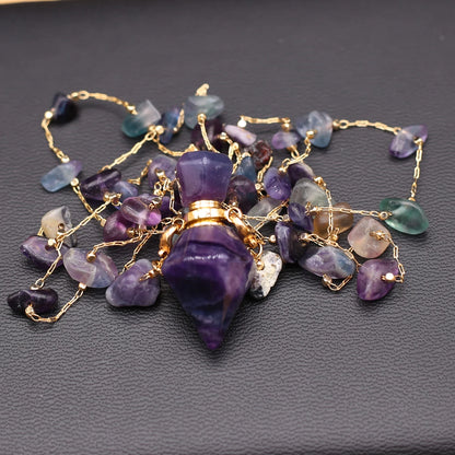 Natural Amethysts Perfume Bottle Necklace Essential Oil Diffuser Amethysts Gravel Stone Chain for Jewerly Party Gift 17x38x13mm - AMULET RING STORE