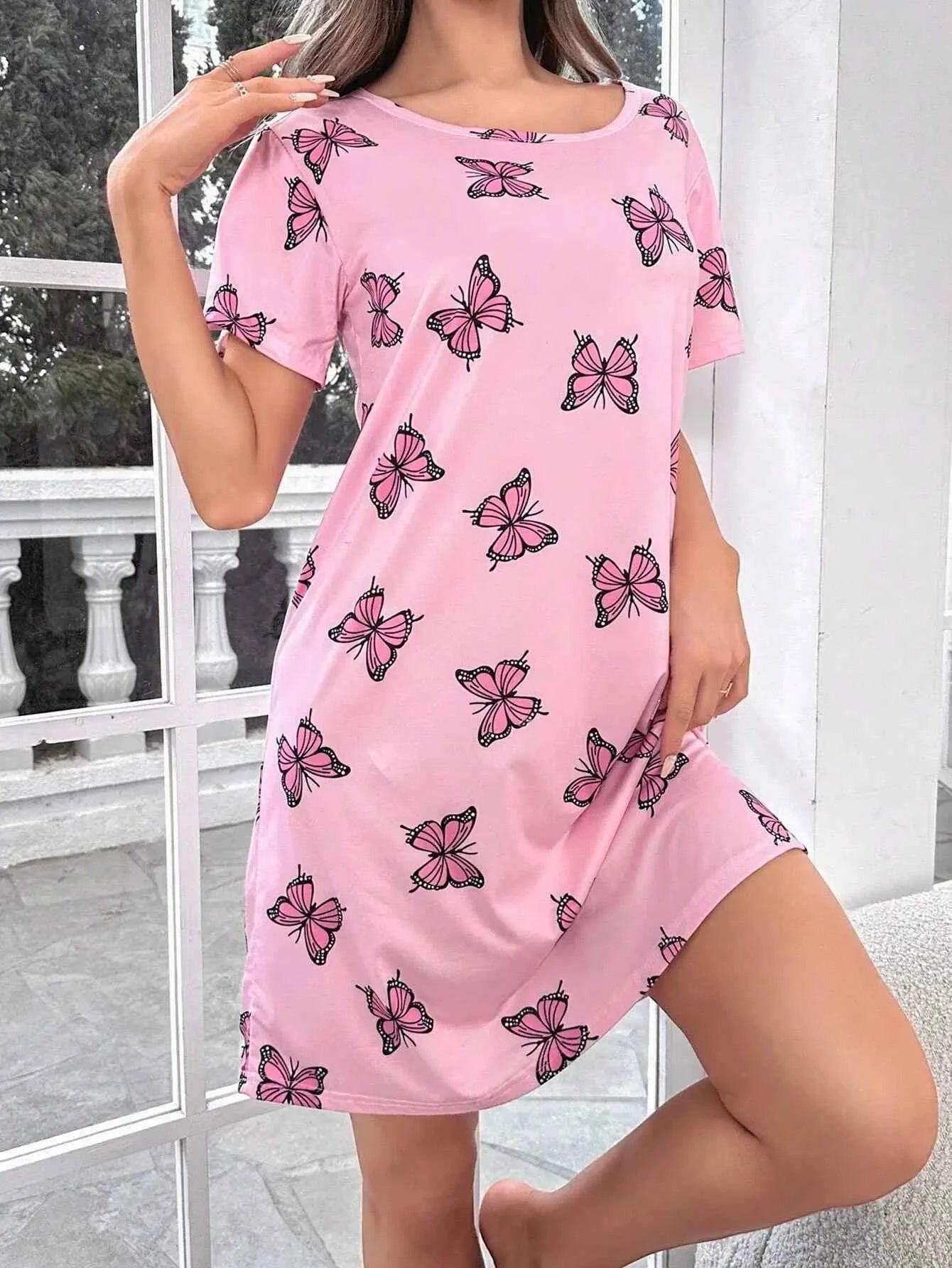Summer Butterfly Prints Sexy Short Sleep Shirts Women Milk Silk Nightgowns Sleepwear Lingerie S-XL Plus Size Night Dress Women