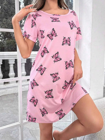 Summer Butterfly Prints Sexy Short Sleep Shirts Women Milk Silk Nightgowns Sleepwear Lingerie S-XL Plus Size Night Dress Women