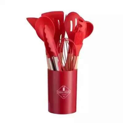 12PCS Silicone Kitchenware Non-Stick Cookware Kitchen Utensils Set Spatula Shovel Egg Beaters Wooden Handle Cooking Tool Set