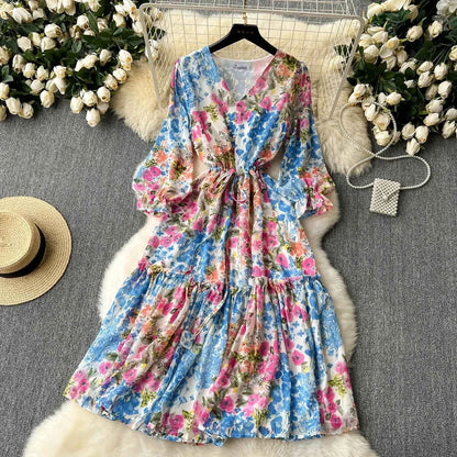 2026 Romantic Floral Print Chiffon Long Sleeve Dress Women Sexy V-neck A Line Beach Vestidos Elegant Elastic Waist Party Dress