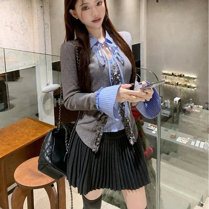 Preppy Style Striped Contrast Slim Lacing Tops Women Clothing Spring Autumn New Long Sleeve Patchwork Korean Shirt Tops Fashion