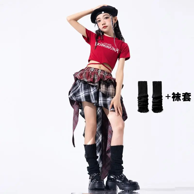 Hip Hop Girls Crop Top Plaid Street Dance Skirt Kids Ribbon Pleated Skirts Teens Jazz Cool Costumes Child Streetwear Clothes Set
