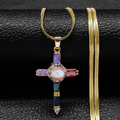 Shiny Hip Hop Zircon Cross Pendant Necklace for Women Stainless Steel Crystal Choker Christian Necklaces Jewelry cruz colgante